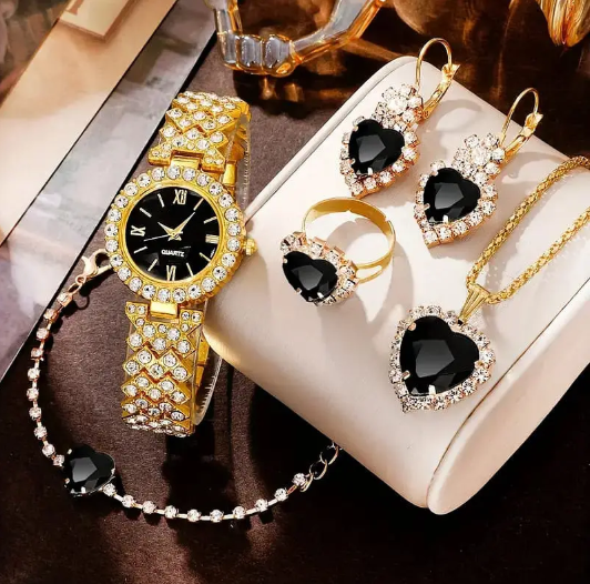 Luxury Golden Watch & Black Heart Jewelry Set